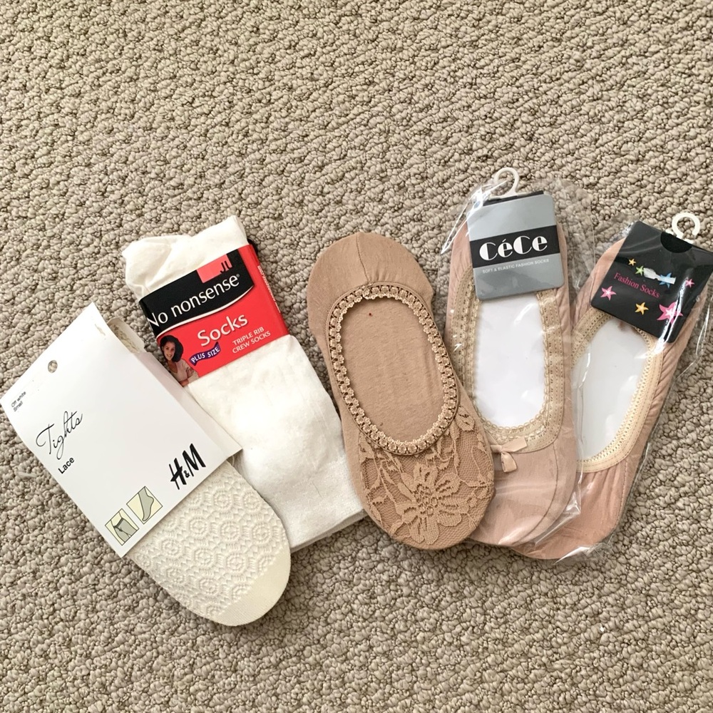 🆕 Pack of 5 Nude/Beige White No-Show Liner Lace Tights Socks Footies